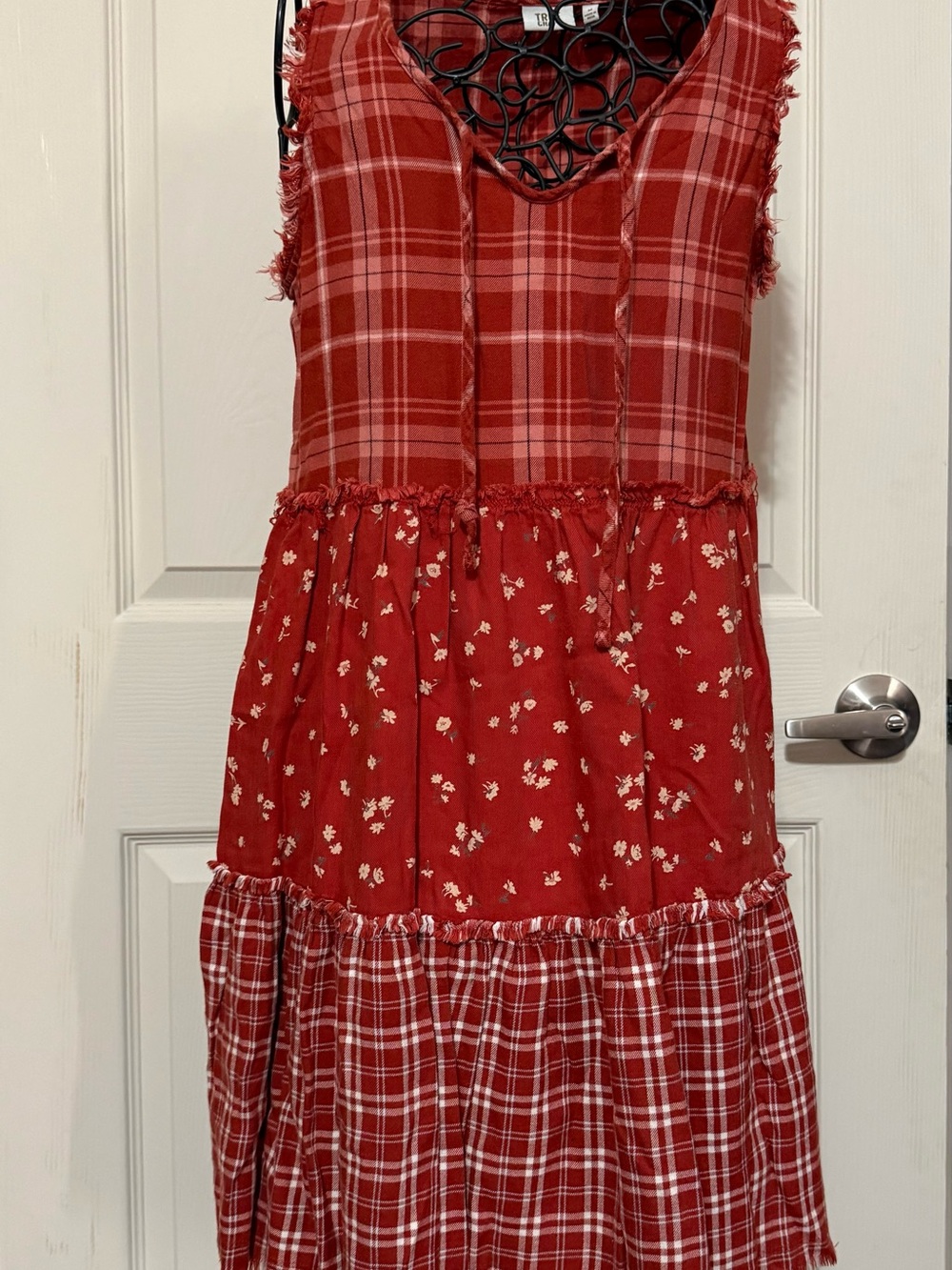 True Craft Red Plaid & Floral Tiered Dress
